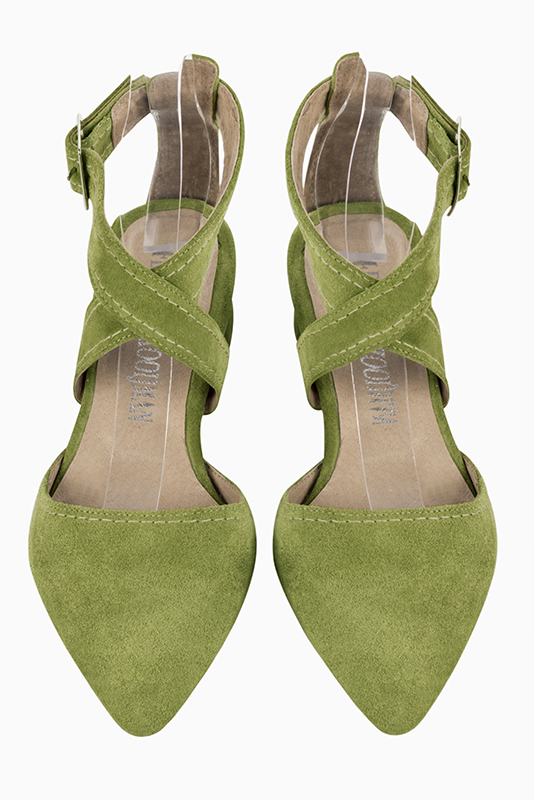 Pistachio green women's open back shoes, with crossed straps. Tapered toe. Low flare heels. Top view - Florence KOOIJMAN